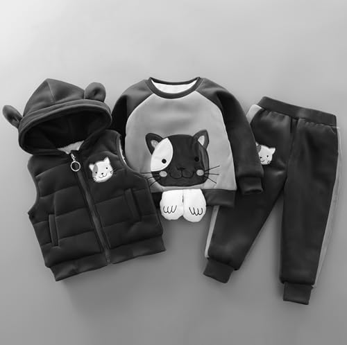 Image of Bold N Elegant Unisex Kids Fur Printed 3D Reindeer Cartoon Thick Winter Warm T-Shirt Pant With Hood Jacket 3 Pc Clothing Set