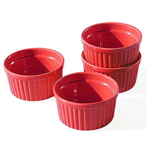 Cinf Porcelain Ramekin Red 8 oz Set of 4 Pudding Bowls Dishes Cup for Baking,Souffle Cups Dishes, Creme Brulee, Custard Cups, Desserts, Oven, Microwave, Freezer and Dishwasher