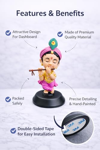 Image of Krishan Ji Car Dashboard Idol with Double Sided Tape | Bal Gopal Statue for Car Dashboard, Home Temple & Office | Cute Krishna Murti Gift Item | Standing Eye Closed | Pink
