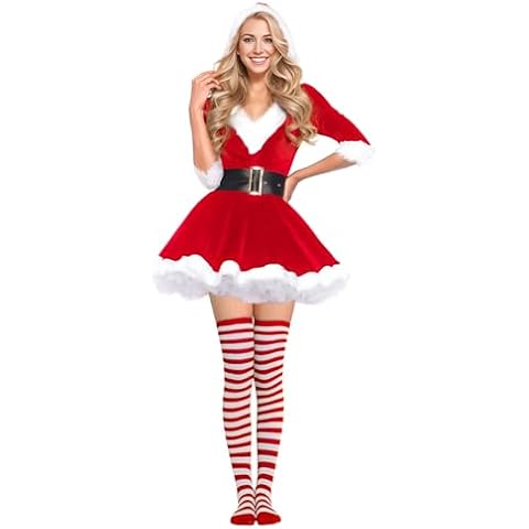 Women's 3 Pieces Mrs Claus Santa Christmas Costume with Hooded Dress Belt Striped Over Knee High Socks (Red, XL) Cover