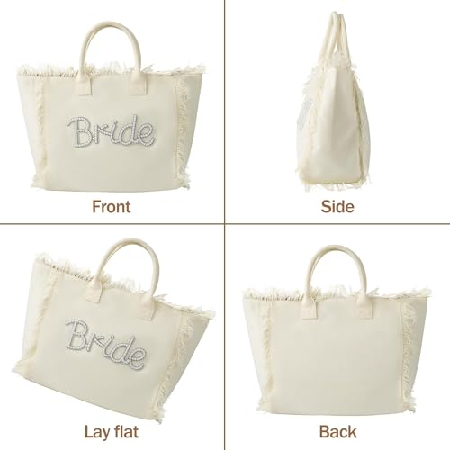 Bolso tote de lienzo para novia grande con lazo y flecos blancos miniatura 6