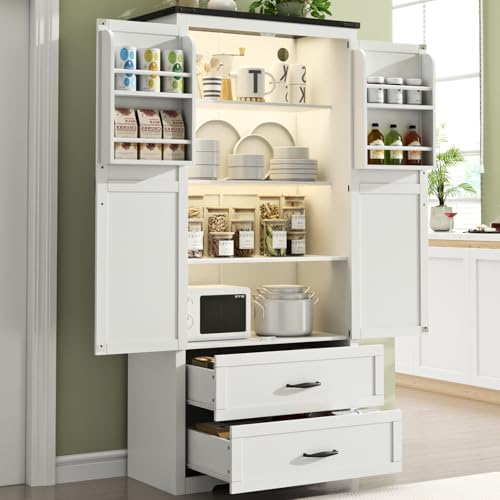 Image of Loomie 71" Tall Farmhouse Kitchen Pantry with Sensor Light & Adjustable Shelves, Large Storage Cabinet with 2 Drawers & Adjustable Shelves, Rustic Wood Cupboard for Dining Room,Bathroom, Living Room