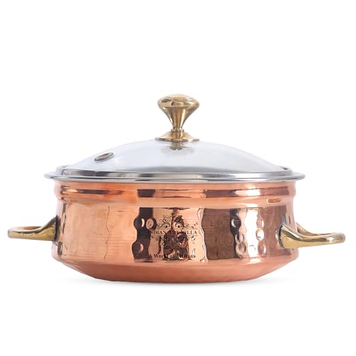 IndianArtVilla Steel Copper Handi Bowl with Brass Handle & Glass Lid, Serving Indian Dishes, 17 OZ
