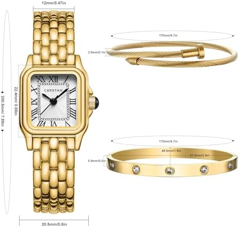 CHEETAH Damen Gold Armreif Uhr Armband Set Klein Vintage Römisches Zifferblatt in Weiß, Goldweiß, Vintage