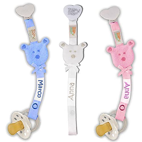 Zigozago - Catenella Portaciuccio con Orsetto Ricamato in Argento | Personalizzabile con Nome | Accessorio per neonati con Clip, Fatto a Mano, in tessuto, lunghezza 27 cm, colori vari