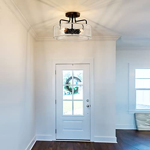 Semi Flush Mount Ceiling Light, 4 Lights Farmhouse Flush Mount Ceiling Light Fixture With Drum Seeded Glass Shade For Hallway, Bedroom, Kitchen, Foyer And Bathroom, Oil Rubbed Bronze #TOP2