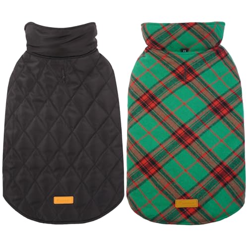 Image of Kuoser Waterproof Dog Coat, Warm Reversible Dog Jacket with Leash Hole | Soft Cozy Dog Cold Weather Coats for Rainy Snow Days, Lightweight Jacket for Small Dogs, Xmas Dogs Snowsuit Xmas Green S