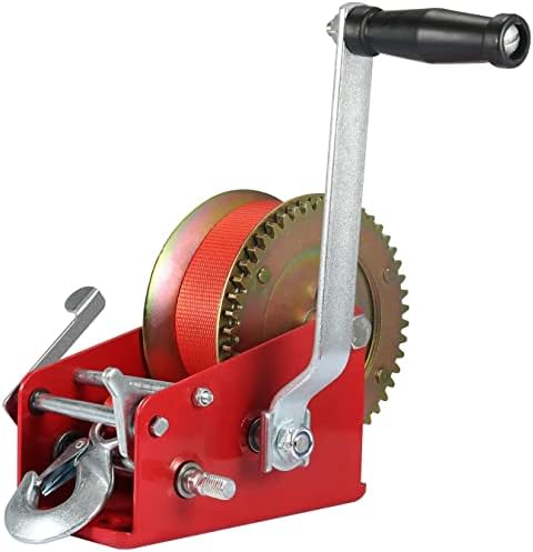 VZCY 3500 LBS Capacity Heavy Duty Hand Winch, 10m(32.8 ft) Nylon Strap 2 Gear Manual Crank Winch for ATV Boat Trailer Truck Auto, Red