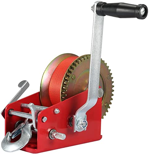 Vzcy 3500 Lbs Capacity Heavy Duty Hand Winch, 10M(32.8 Ft) Nylon Strap 2 Gear Manual Crank Winch For Atv Boat Trailer Truck Auto, Red #TOP21