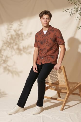 Image of Peter England Men's Cotton Blend Classic Fit Floral Print Casual Shirt | Cuban Collar, Half Sleeves | Casual Wear
