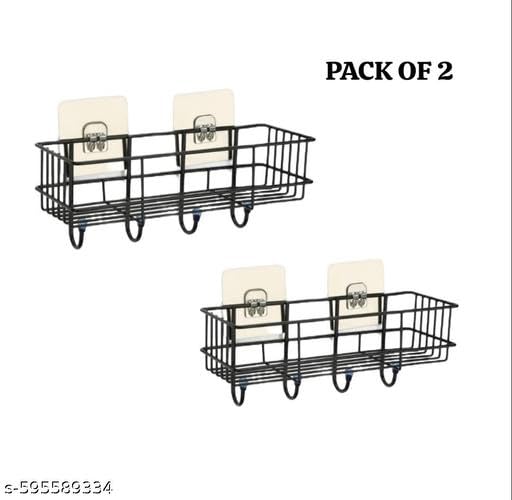 (Pack of 2) Steel Self-Adhesive Multipurpose Bathroom Shelf with Hooks/Towel Holder/Rack/Bathroom Accessories - Wall Mount - Pack of 2 (Black,Powder Coated)|TM-P10711 1