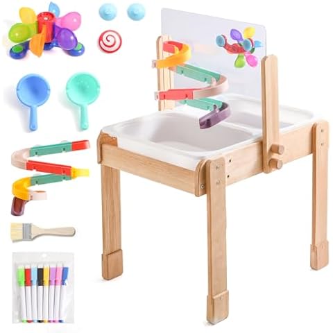 bopoobo Sand and Water Table for Toddlers, 4 in 1 Kids Wooden Sensory Activity Table with 2 Storage Bins, Painting Acrylic Board, Slide Track Toy & Windmill Suction Cups Toy, Beach Accessories Cover
