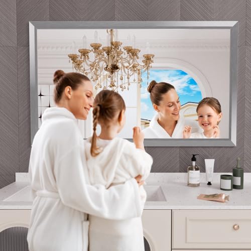 Amorho 60x36 Inch Bathroom Mirror Silver, Thick Metal Framed Wall Mirrors for Over Sink, Brushed Nickel Mirror Perfect for Bedroom, Living Room, Entryway, Rectangle (Horizontal/Vertical).