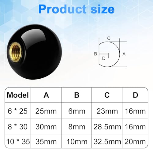 Lvjkes 5 Stück Kugelknopf M6 x 25mm, Schwarz Kugelknöpfe mit Eingebauter Kupfergewinde, Ersatzteile für Werkzeugmaschinen, Kombi-Maschinen und Holzbearbeitungsmaschinen