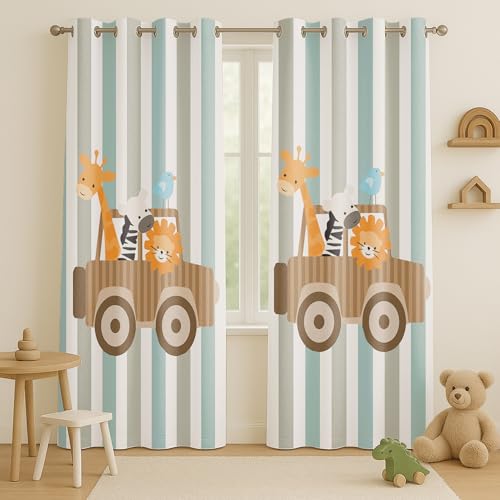 Image of STITCHNEST Velvet Kids Curtains Pack of 1 | Safari Animal Jeep Print | Semi Blackout Curtains for Nursery, Baby Room & Toddler Bedroom | 7 Feet