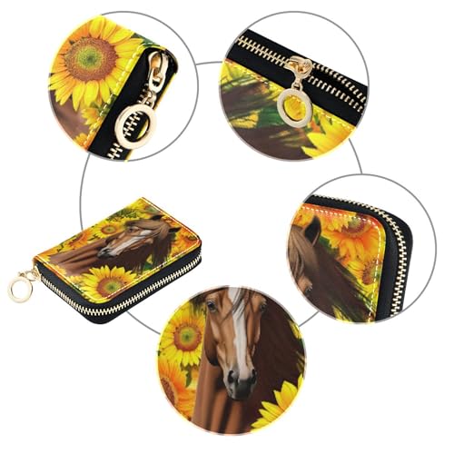 Horse Vibrant Yellow Flowers Women Wallet Zip Around Credit Card Wallets RFID Blocking Aesthetic Travel Wallet with Zipper4