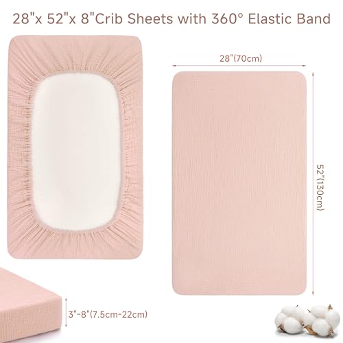 Image of Pro Goleem 2 Pack Muslin Crib Sheets for Girls, Soft Breathable Fitted Cotton Baby Bed Sheets Set for Standard Crib Mattress & Toddler Mattress 52 inchx28 inch, (Pink&Purple)