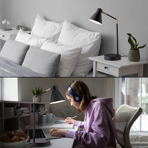 LED Desk Lamp with Dual USB Charging Ports, Metal Construction, Swivel Arms, Soft White Light - Black