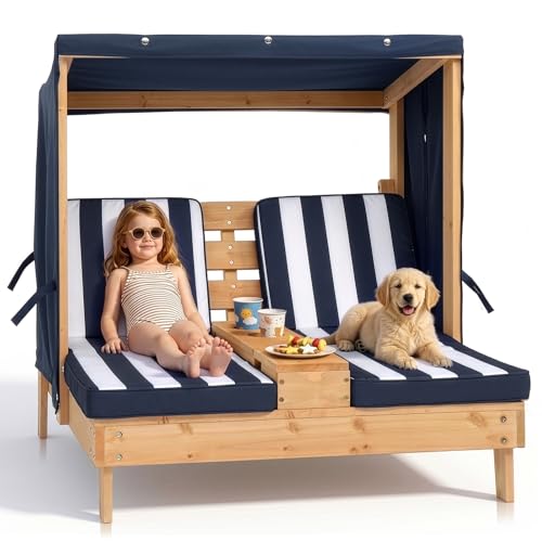 Outvita Kids Chaise Lounge Chair Outdoor Toddler Wood Double Pool Lounger Chairs w/Canopy Cup Holders Removable Stripped Fabric Cushions Kids Patio Furniture for Lawn Pool Garden & Yard Blue
