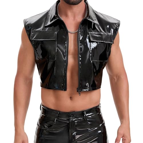 Camisa de piel sin mangas para hombre con cremallera y solapas 1