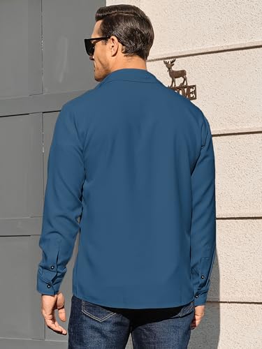 Image of Comdecevis Men's Casual Shirt Shacket Long Sleeve Button Down Lightweight Jacket Overshirt with Flap Pockets Gray Blue