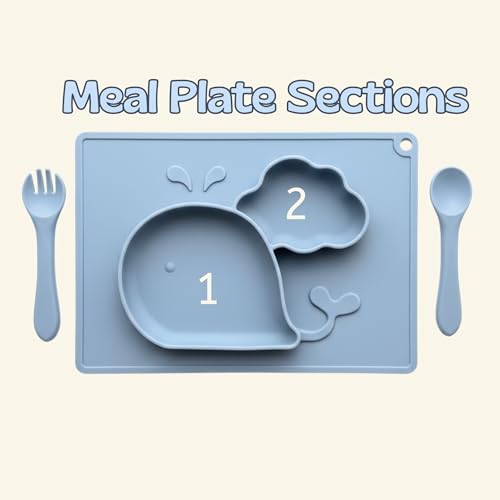 Image of TCK Silicone Baby Meal Plate Set with Spoon & Fork | Whale Shaped | Blueberry Colour | 2 Section Divided Plate for Toddlers | Food Grade Kids Feeding Set | Microwave Dishwasher Safe