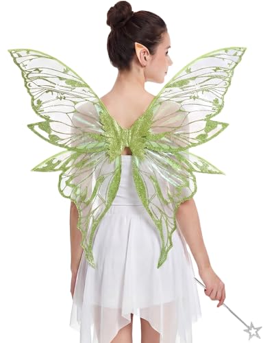 Kutyndrix Fairy Wings for Adult Women 3Pcs Fairy Costume Set with Butterfly Wings and Elf Ears for Halloween Cosplay (Green)