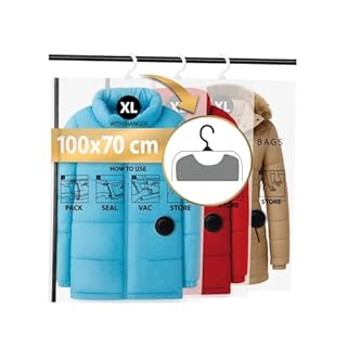 FiRiO Buste Sottovuoto Vestiti da Appendere (con Ganci) I 3 PEZZI I Taglia XL: 100x70 cm I Sacchi Sottovuoto per Cappotti, Giubbotti e Giacche I Hanging Vacuum Bags I Appendiabiti Sottovuoto Grandi