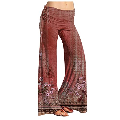 Women's Summer Vintage Print Wide Leg Pants Casual Flared Drawstring Trousers Elastic High Waist Palazzo Pants