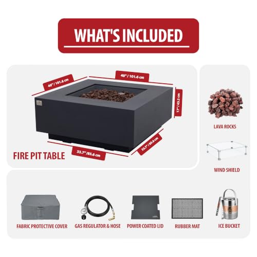 Image of AMS Creations | Brooklyn 40 inch Bundle Square Natural Gas Outdoor Fire Pit Table | Dark Gray Concrete GFRC Smooth Texture Surface Fire Pit Table