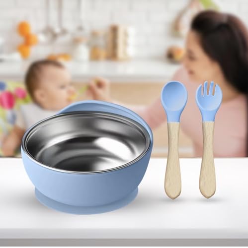 Image of NYALA Stainless Steel Toddler Plates Silicone Suction, Non-Slip Baby Plates BPA Free,Unbreakable Dishwasher Safe (Blue, Bowl)