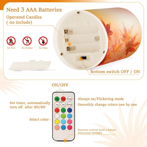 Image of Thanksgiving Decorations Lights Flameless Candles Thanksgiving Autumn Leaves Golden Maple Leaves Pillar Candles Set of 2 Battery Operated Remote Control Warm Lights