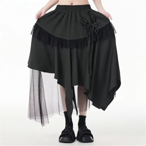 Women's Vintage Midi Skirt Patchwork Tulle Irregular Lace-Up High-Waisted Layered Party Long Skirts4