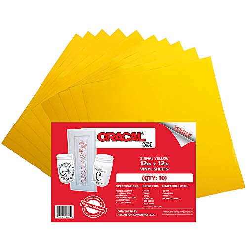 (10) 12" X 12" Sheets - Oracal 651 Signal Yellow Adhesive Craft Vinyl For Cricut, Silhouette, Cameo, Craft Cutters, Printers, And Decals - Gloss Finish And Outdoor And Permanent #TOP23