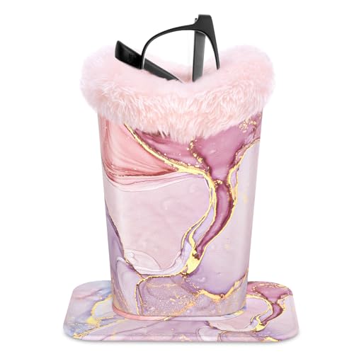 Image of Eyeglasses Holder, Plush Lined PU Leather Pattern Stand Case with Magnetic Base, Unisex for Women Men, Pink Marble