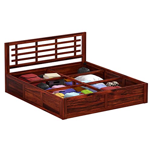 Image of Solid Sheesham Wood Meliora King Size Bed with Box Storage Wooden Double Bed Palang Cot for Bedroom, Living Room, Hotel and Home (Honey Finish)