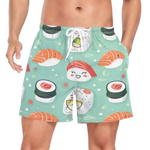 2 in 1 Mens Sushi Kawaii Pattern Swim Trunks 4.7 Inch Swim Shorts Swim Suits Board Shorts（364）