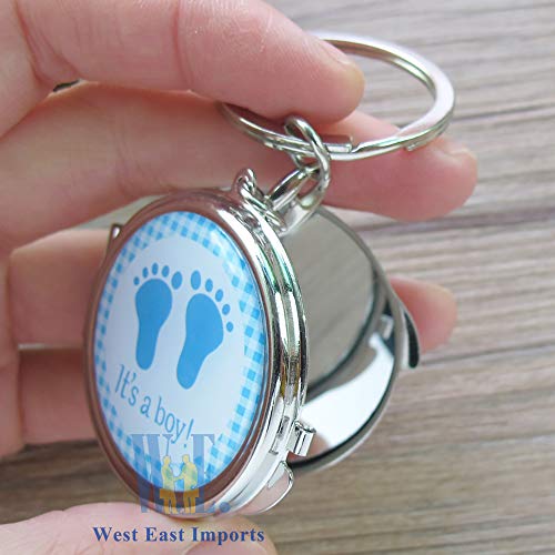12 Pcs Baby Shower Mini Compact Mirror Keychain Favor Blue Footprint Design For Boy Gift Idea #TOP4