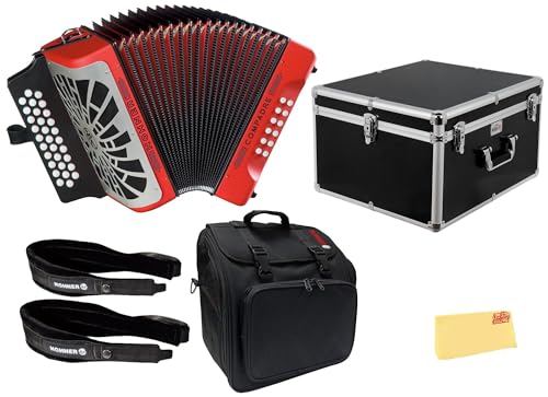 Hohner Compadre GCF 3-Row Diatonic Accordion - Red Bundle with with Adjustable Straps, Gig Bag, Hard Case and Austin Bazaar Polishing Cloth