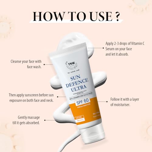 Image of TNW - The Natural Wash Sun Defence SPF 60 Cream with Glutathione | Protection Against UVA /UVB | SPF 60 & PA++++ | No White Cast| 50 g