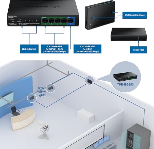 Image of TRENDnet 5-Port 2.5G PoE++ Switch, TPE-BG350, NDAA + TAA Compliant, 135W Power Budget, 95W Per Port, 25Gbps Switching Capacity, Ethernet Splitter, Lifetime Protection