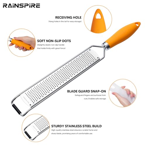 Image of Rainspire Zester Grater with Handle, Lemon Zester Cheese Grater for Kitchen Stainless Steel, Parmesan Cheese Garlic Nutmeg Chocolate Fruits Vegetables Ginger Grater, Fine (Orange)
