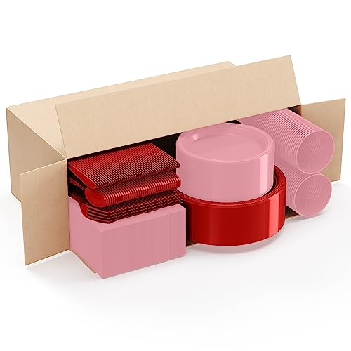 Image of Exquisite 350 Pcs Valentines Plates and Napkins Party Supplies Plate Sets | Sturdy Plastic Dinnerware Set With 9 inch & 7 inch Plates, 12 Oz Cups, Lunch Napkins and Cutlery Serves 50 for Birthdays & Everyday