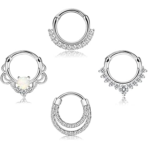 KALVICA 4 Pcs 16G 316L Surgical Steel Nose Ring Septum Clicker Ring Hinged Lip Rings Helix Cartilage Hoop Earrings Piercings Jewellery Gold Silver Rose Gold Cover