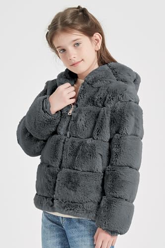 Image of Giolshon Girls Faux Fur Fleece Jacket Sherpa Fuzzy Hoodie Winter Coat with Full Zip Fluffy Outerwear 2169