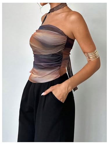 GORGLITTER Women's Tie Dye Ruched Strapless Halter Tube Top Mesh Backless Going Out Bandeau Top with Scarf3