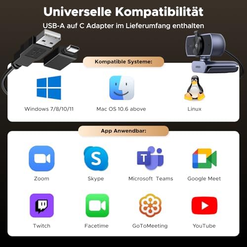 Bild 5 - UGREEN UHD Webcam 4K, Webcam mit Mikrofon und Objektivabdeckung, PC Kamera mit Autofokus, Automatische Lichtkorrektur, 70°FOV, USB-A/C Anschluss, für PC/Laptop/Windows/Mac/Linux/Skype/FaceTime
