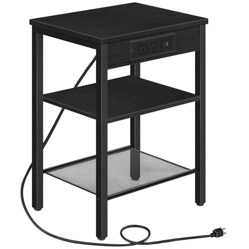HOOBRO Side Table with Charging Station and USB Port, Small End Table for Small Space, 3-Tier Nightstand with Adjustable Shelf, for Living Room, Bedroom, Black BB112BZ01