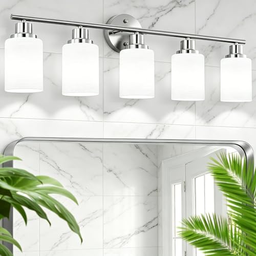 Image of 5-Light Brushed Nickel Vanity Lights, Bathroom Light Fixtures with Textured Milky White Glass Shade, Modern Bathroom Lighting Fixtures Over Mirror Wall Sconce Light - E26 Base | Vanity Lights for Mirror with Textured Milky White Glass Shade, E26 Base Modern Kitchen Light Fixtures Wall Sconce Light