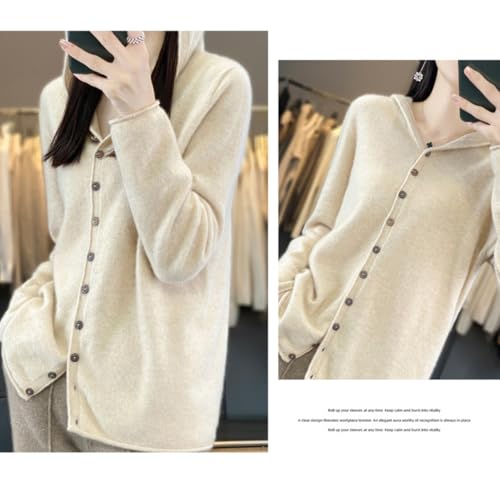 Image of Cashmere Sweaters for Women Button Down V Neck Hooded Cardigan Casual Loose Long Sleeve Soft Knit Pullover Tops Apricot